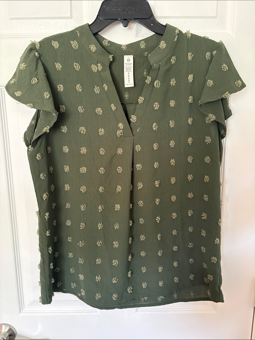 Olive Flutter Sleeve Dot-Texture Blouse